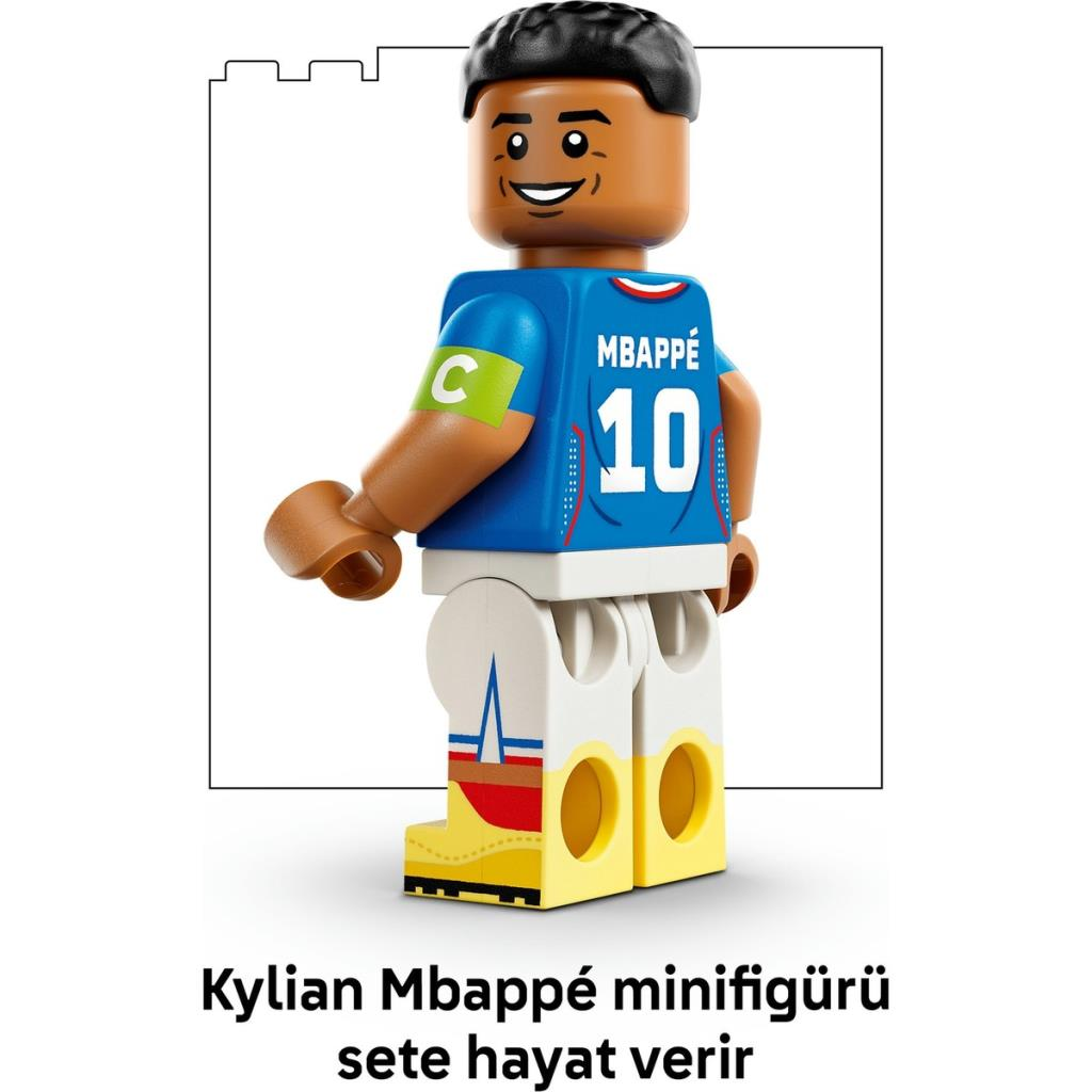 Kylian Mbappé'nin 10 numaralı mavi formayı giyen Lego figürü, beyaz şortlu.