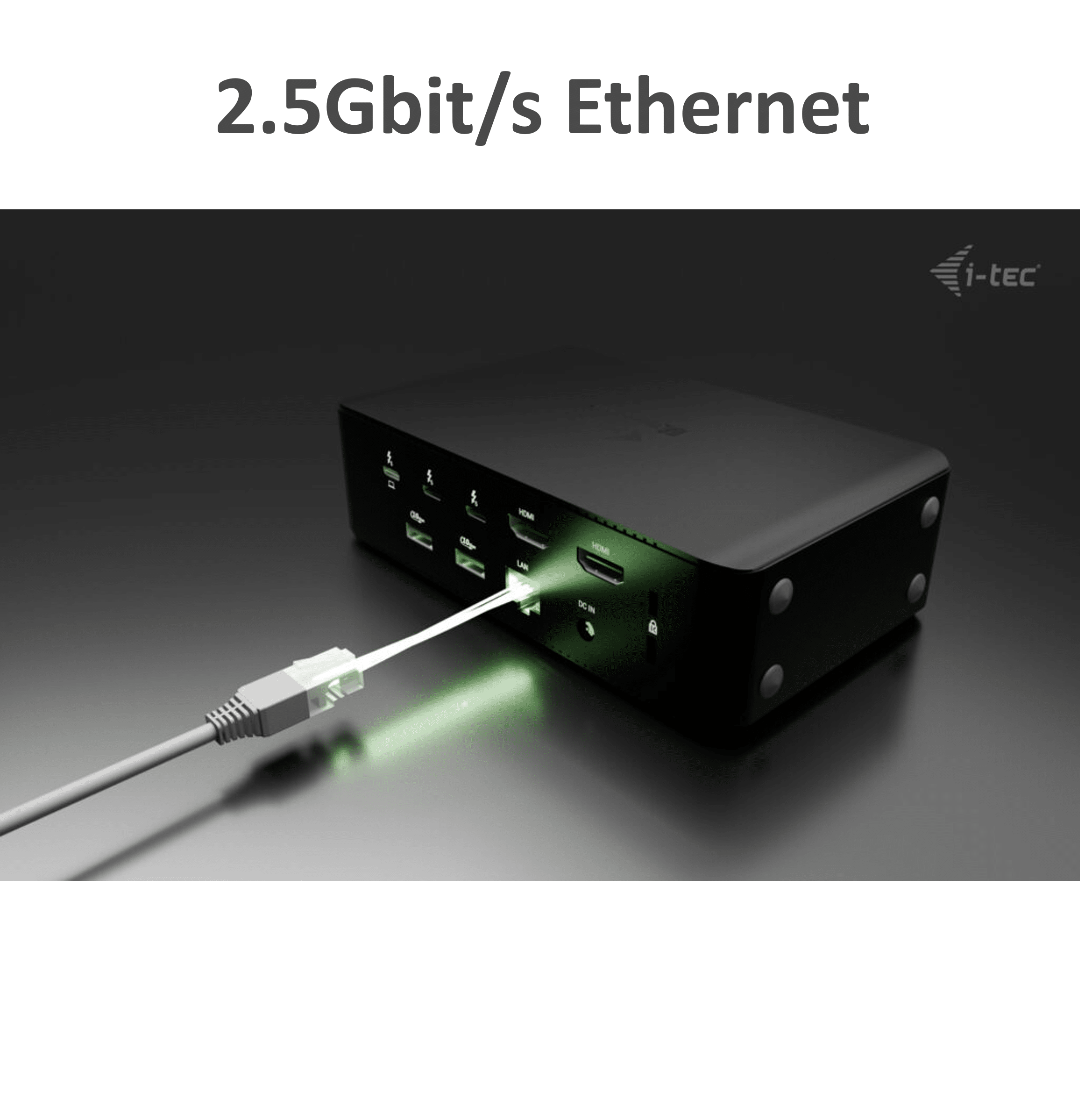 Black adapter with plugged-in LAN cable emitting green light.