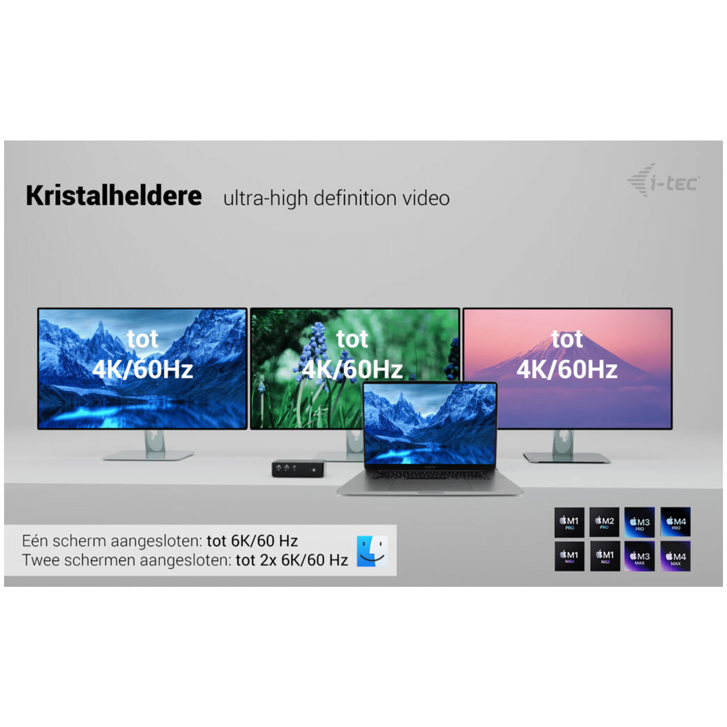 Three monitors and a laptop display 4K content. Mac chips are listed below.