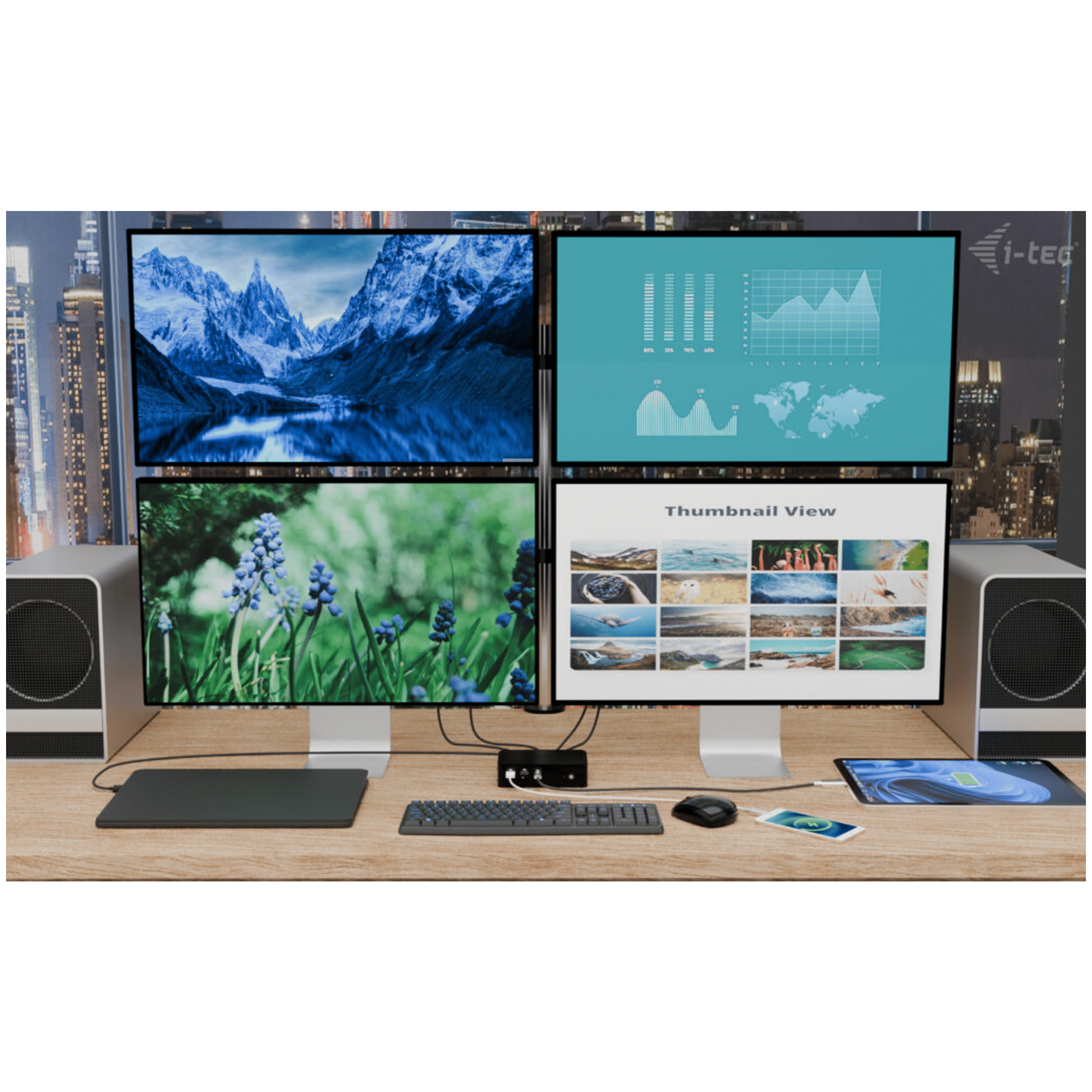 Four monitors display landscapes, charts, and images. Keyboard, mouse, speakers.