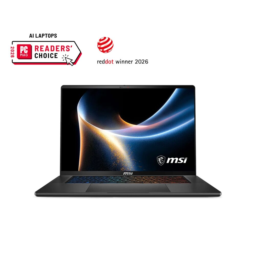 Canlı duvar kağıdı ve PC Mag ödül rozeti olan siyah MSI dizüstü bilgisayar.