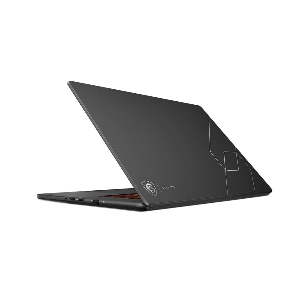 Siyah bir MSI Stealth dizüstü bilgisayar beyaz arka planda açılı olarak gösteriliyor.