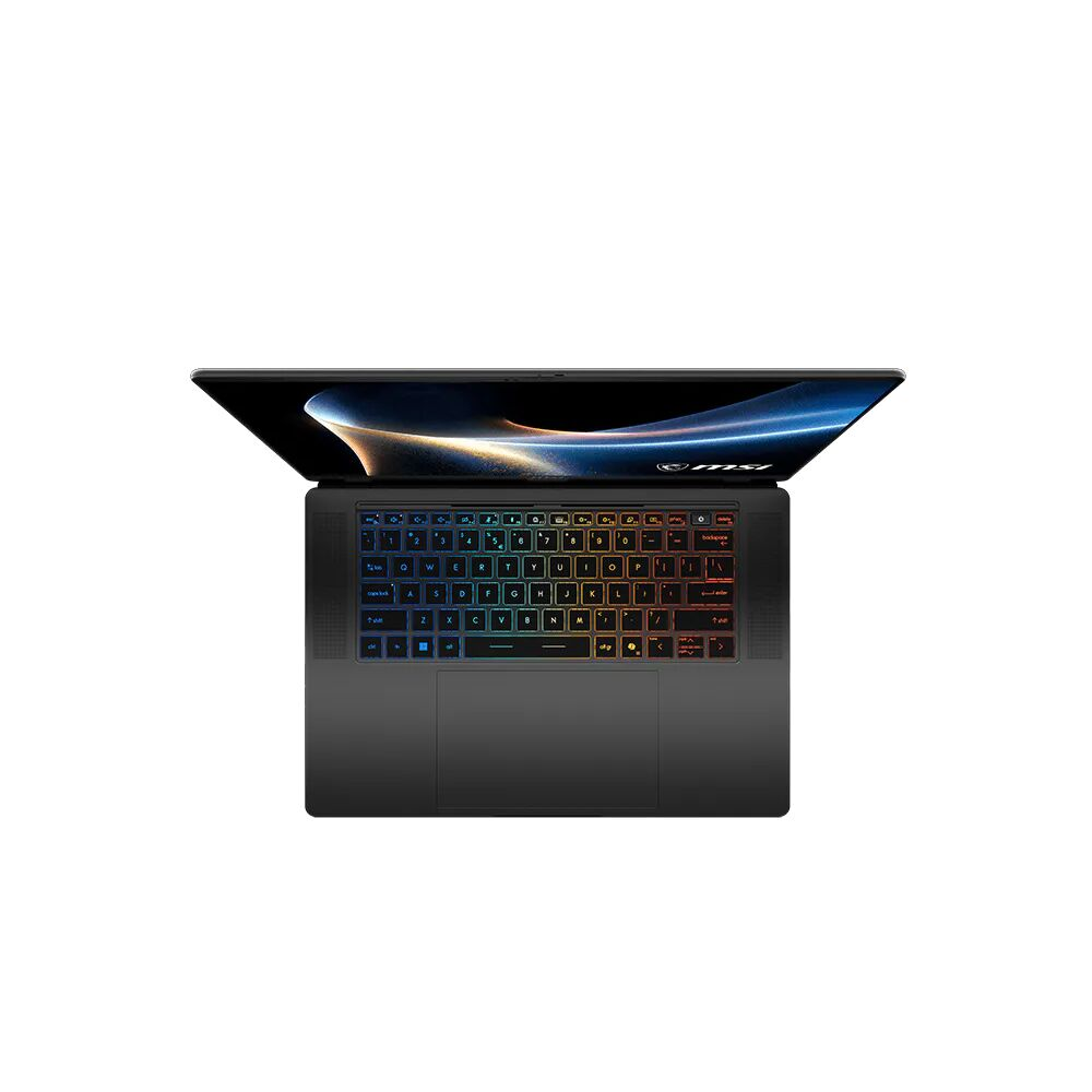 Arkadan aydınlatmalı klavyeli ve ekranda MSI logosu olan açık bir dizüstü bilgisayar.