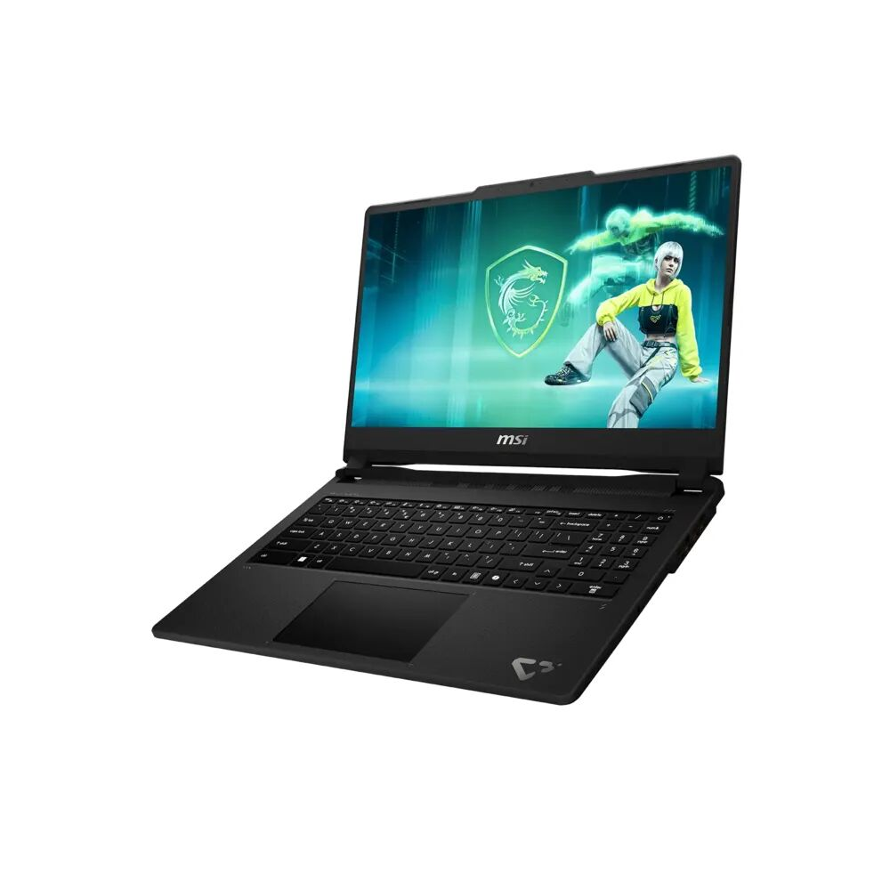 Anime kızını gösteren parlak ekranlı siyah MSI dizüstü bilgisayar.