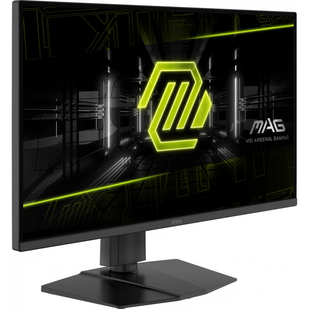 Parlak yeşil logolu ve fütüristik arka planlı siyah MSI oyuncu monitörü.