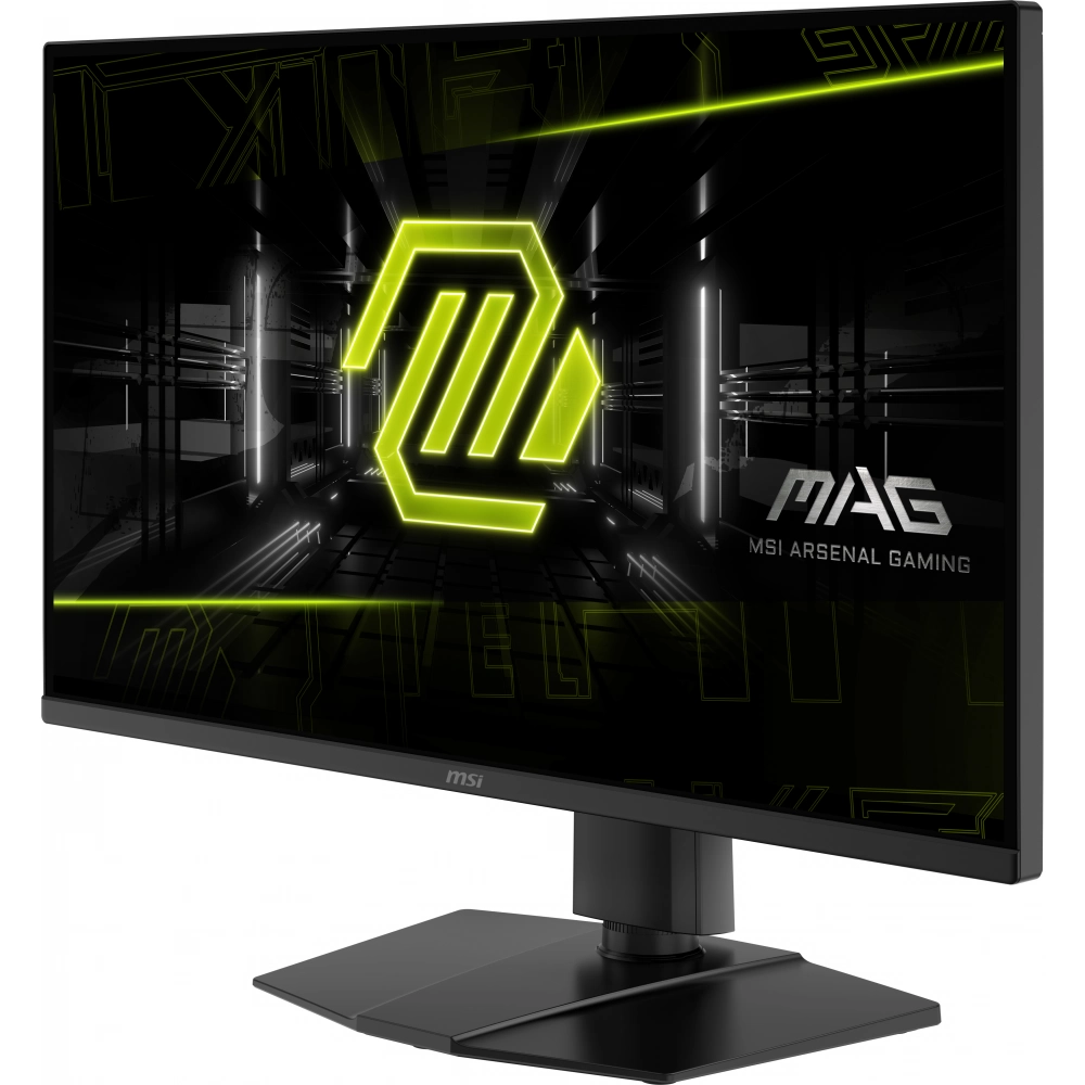 Koyu, fütüristik bir arka plana karşı neon yeşili logolu bir MSI oyuncu monitörü.