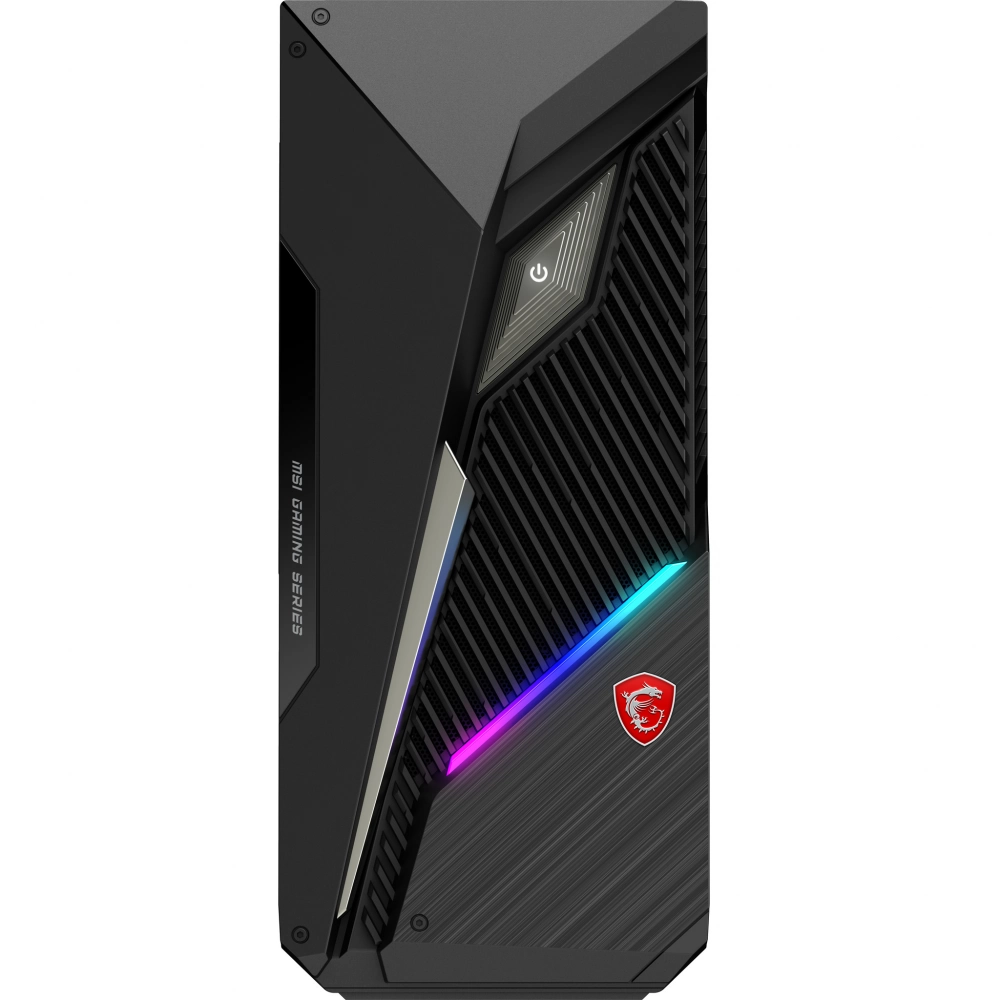 Güç düğmesi ve MSI logosuna sahip siyah oyuncu PC kasası. RGB aydınlatma vurgularına sahiptir.