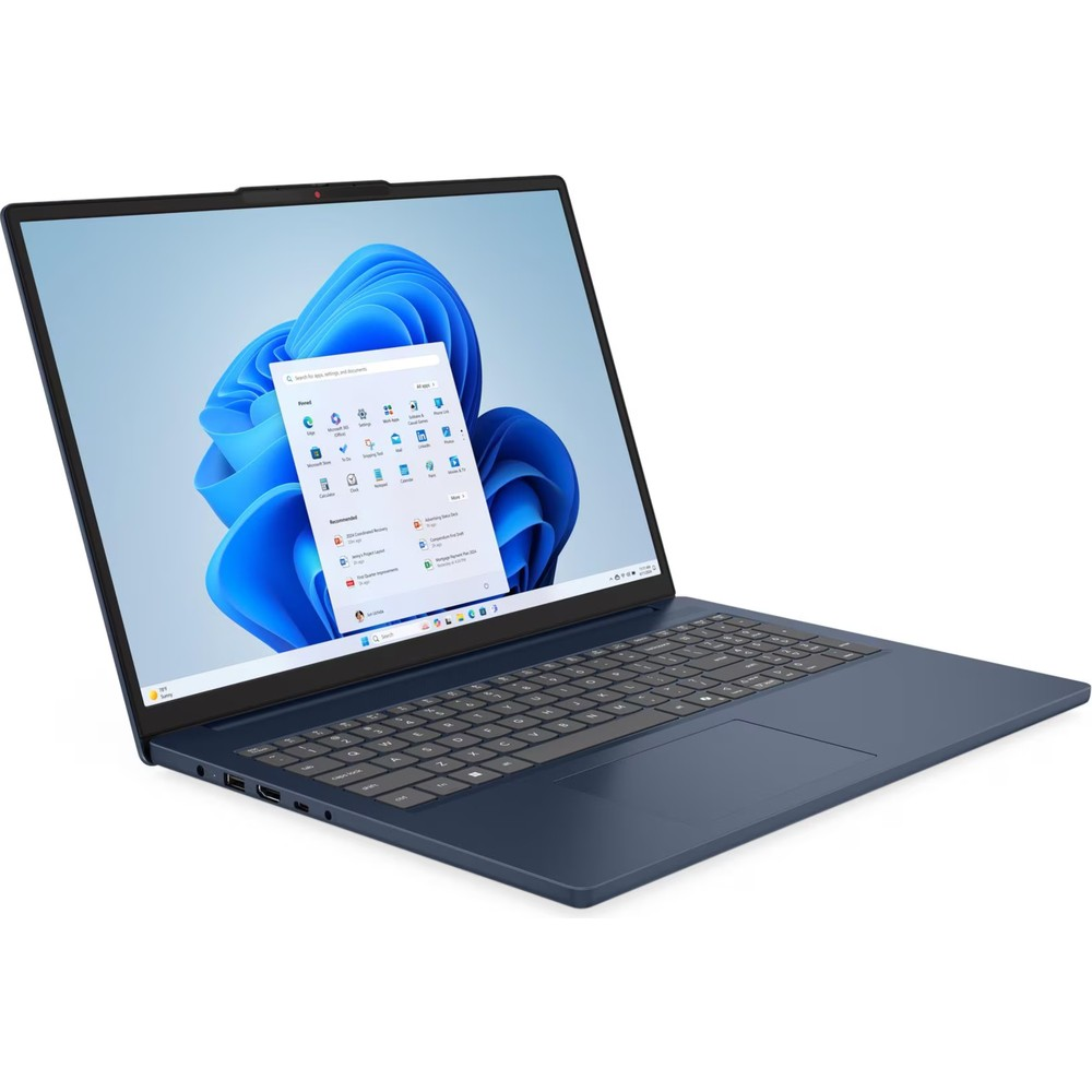 Koyu mavi bir dizüstü bilgisayar açık, ekranında Windows 11 başlangıç menüsü görünüyor.
