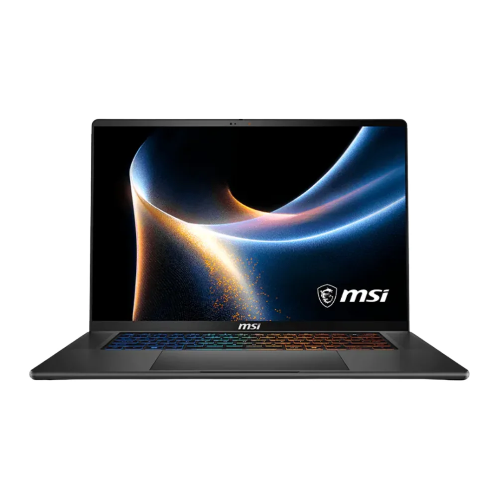 Renkli arkadan aydınlatmalı klavyeli siyah MSI dizüstü bilgisayar ve soyut duvar kağıdı.