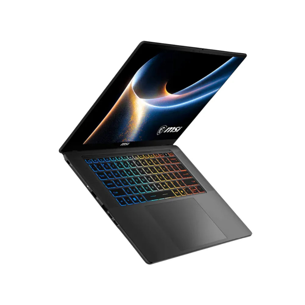 Ekranında MSI logosu ve renkli aydınlatmalı klavyesi olan açık siyah dizüstü bilgisayar.