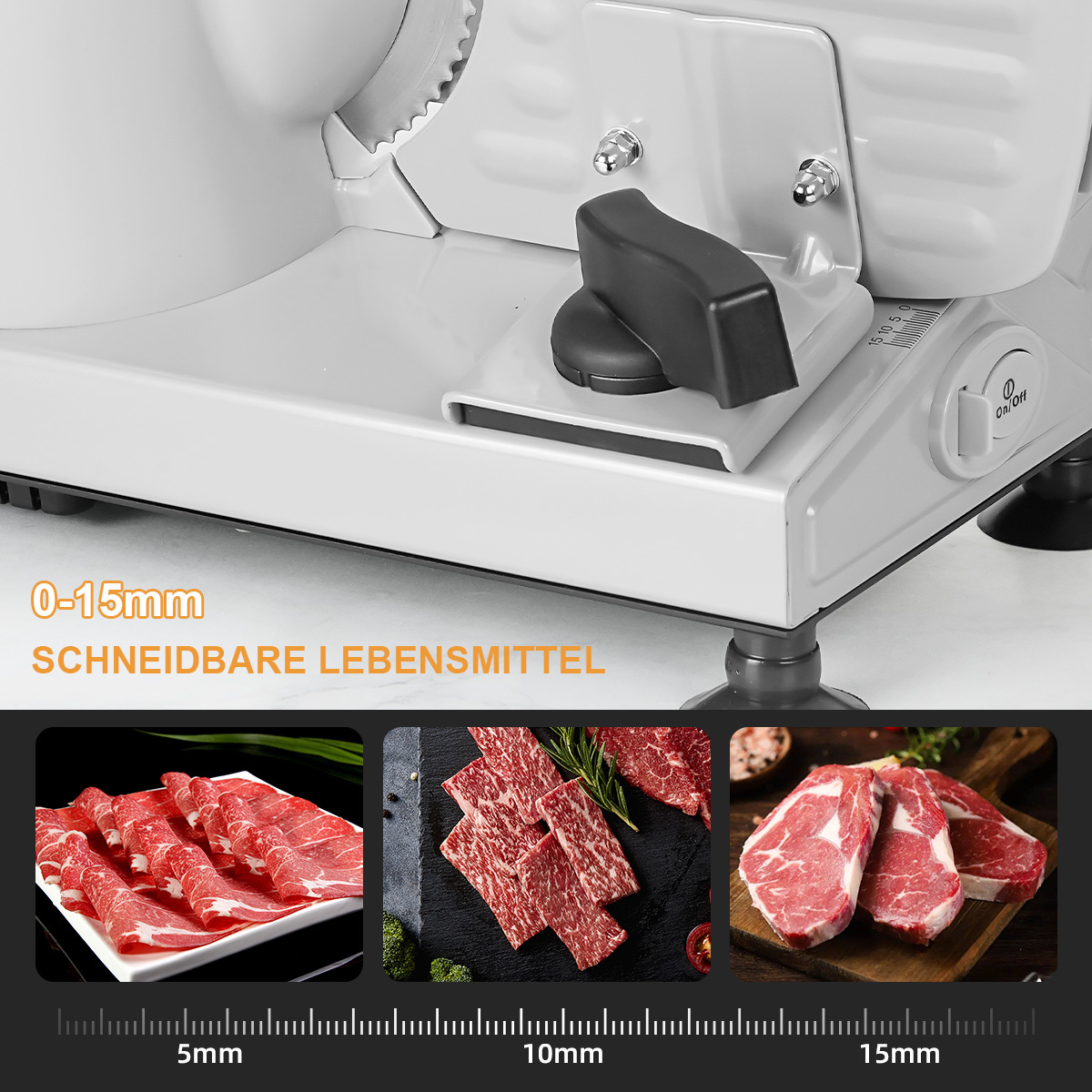 Ein Fleischschneider mit drei Beispielen für geschnittenes Fleisch bei 5mm, 10mm und 15mm.