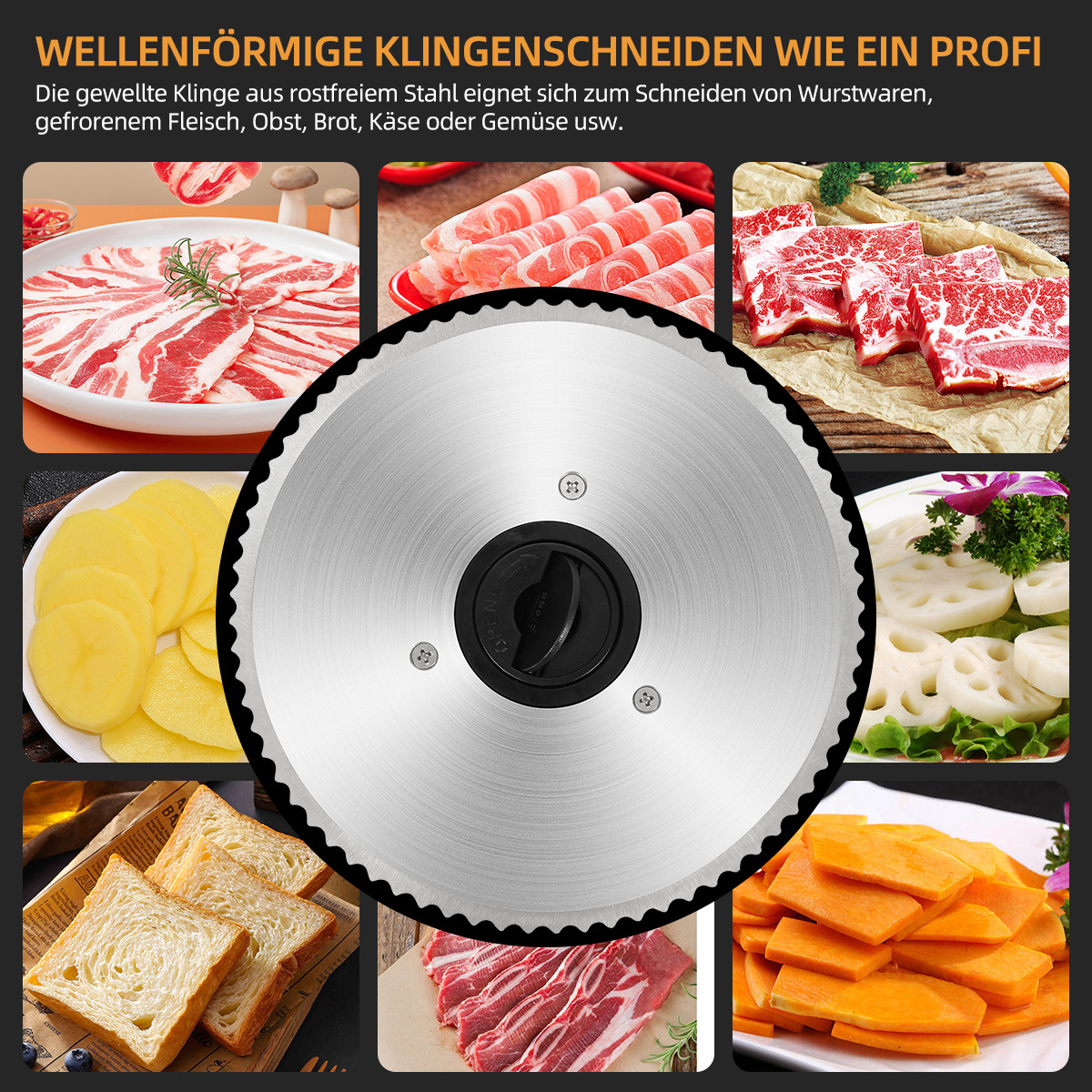 Gekräuselte Klinge umgeben von Bildern von Fleisch, Kartoffeln, Brot und Gemüse.