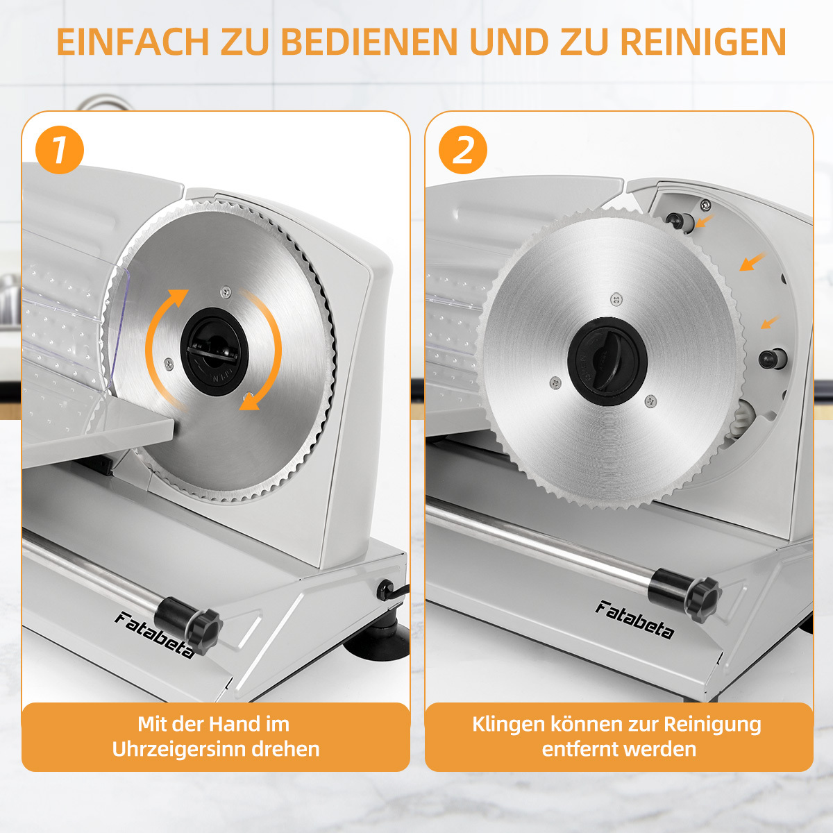Ein Fleischschneider mit zwei Ansichten: Klinge drehen und Klinge entfernen.