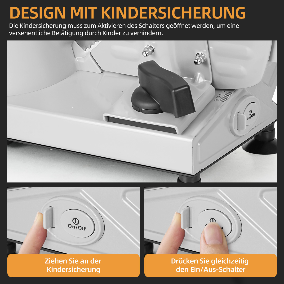 Nahaufnahme des Kinderschutzmechanismus eines Geräts mit Schalter.