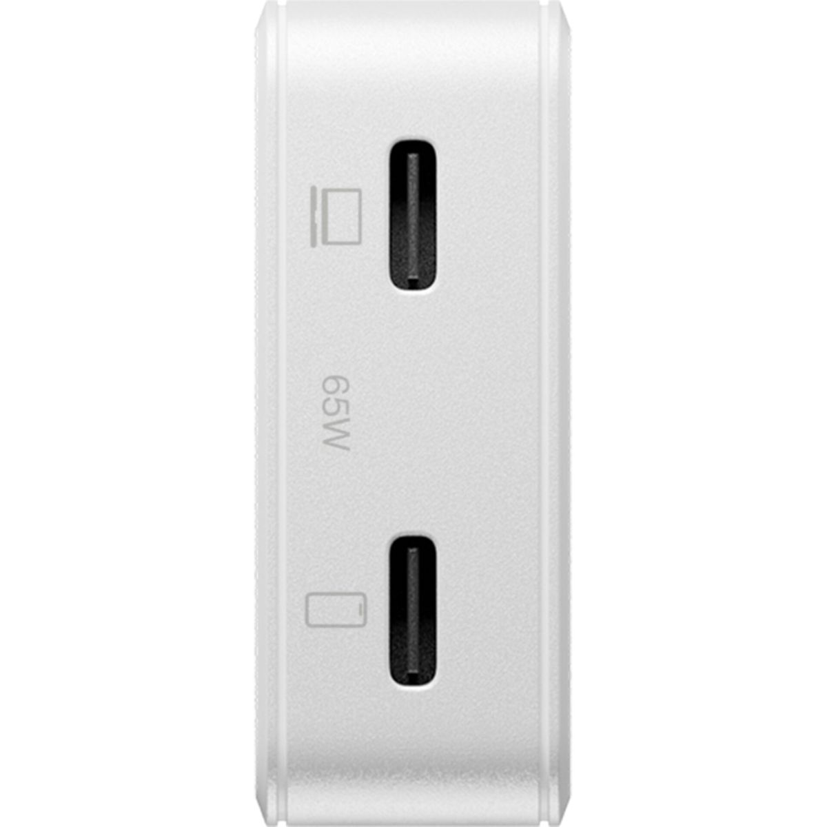 Weiße Ladestation mit zwei USB-C-Anschlüssen, 65W-Markierung.
