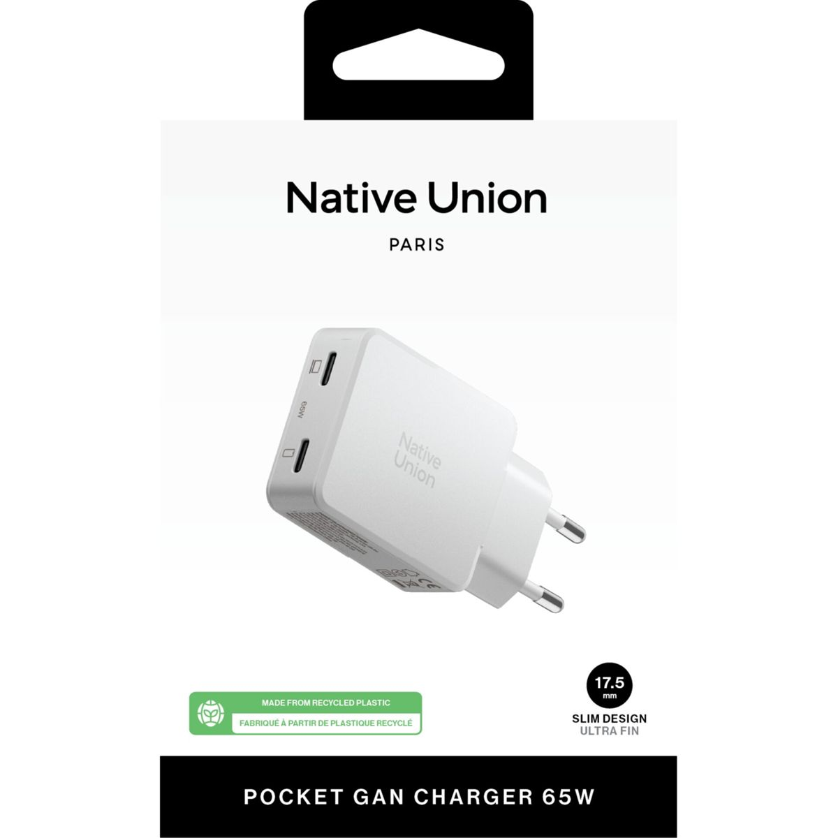 Weißer Native Union GAN-Ladegerät mit zwei USB-C-Anschlüssen und 17,5 mm Dicke.