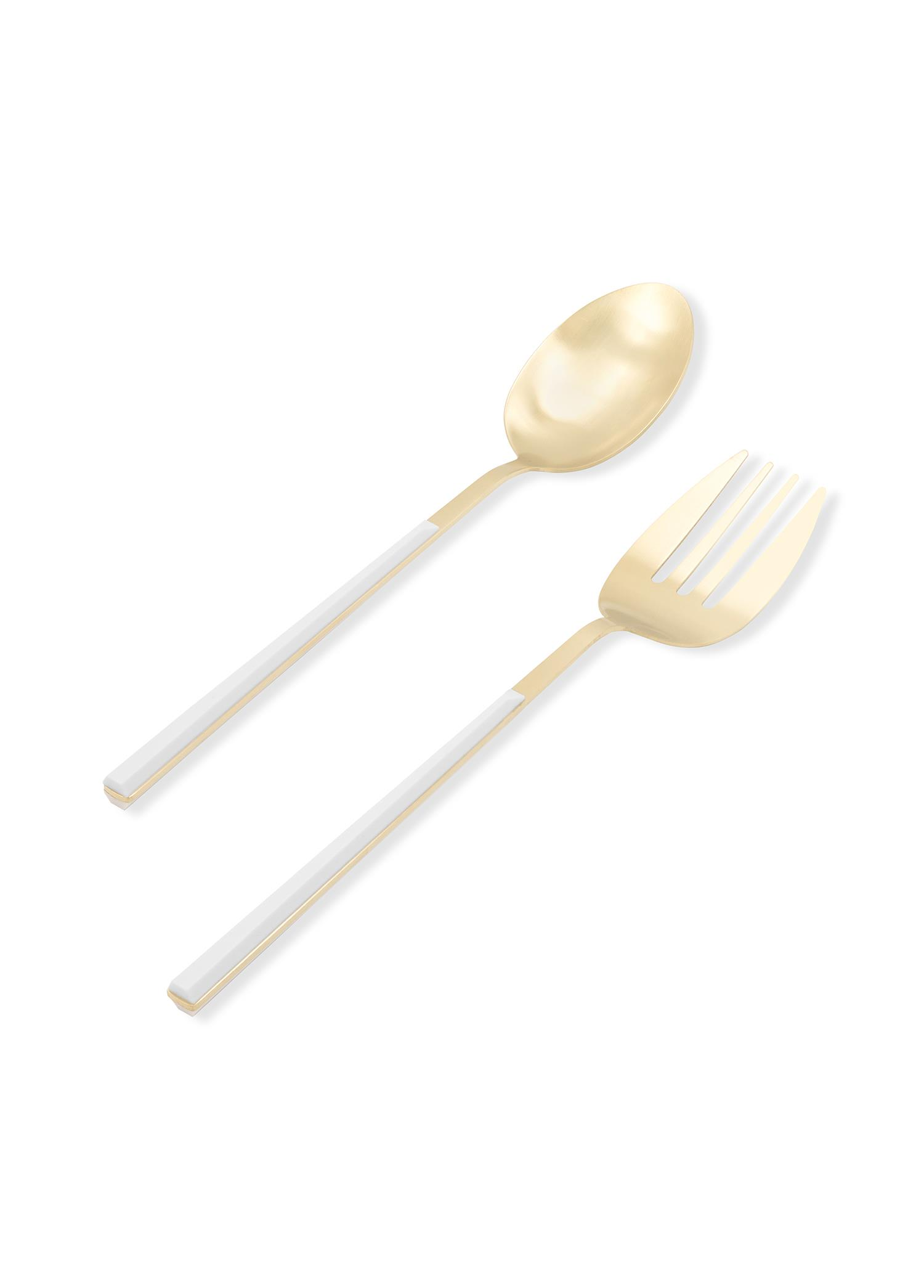 Beyaz saplı altın bir kaşık ve altın bir çatal yan yana duruyor.
