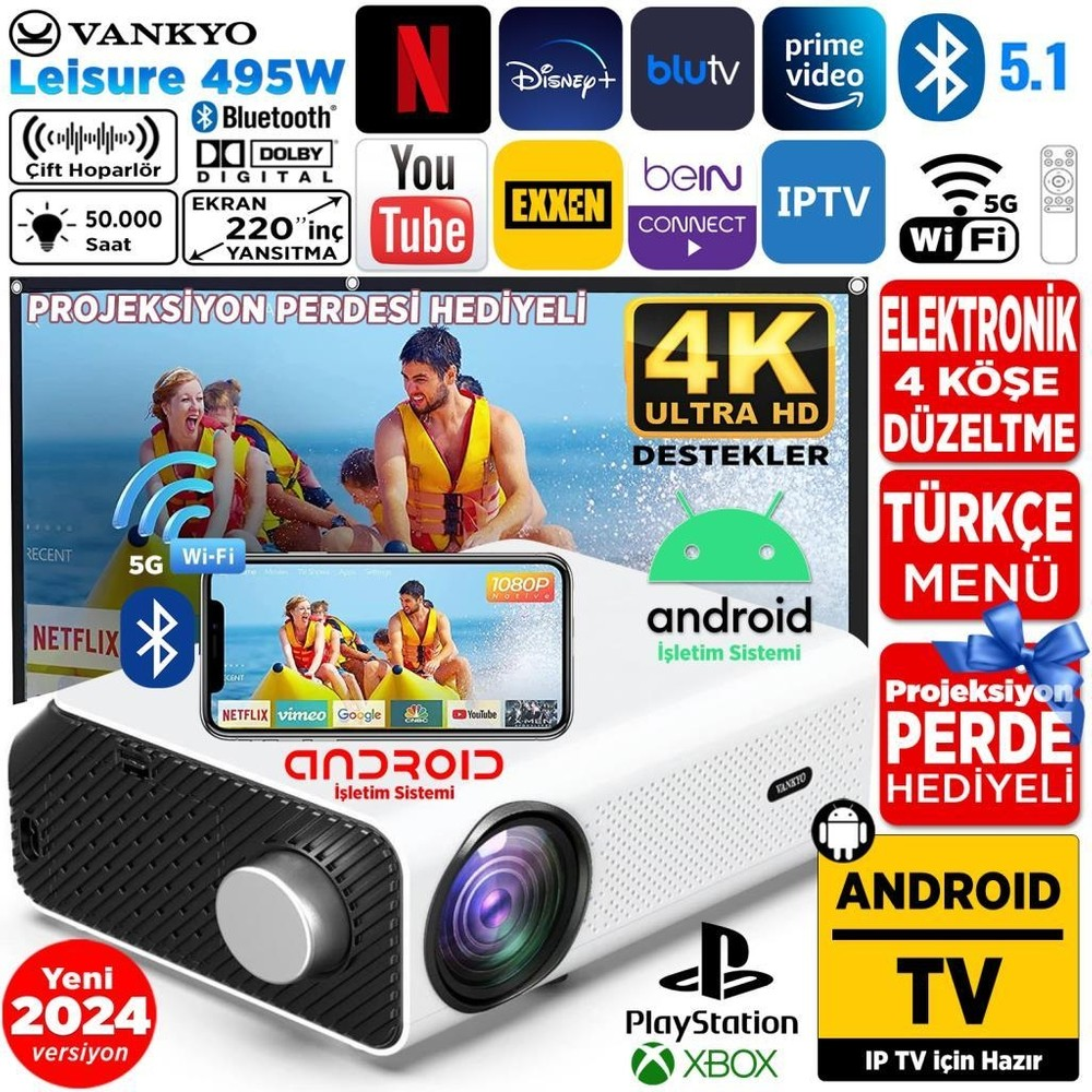 Vankyo projektör Android TV, 4K Ultra HD, Wi-Fi, Bluetooth, 220 inç ekran.