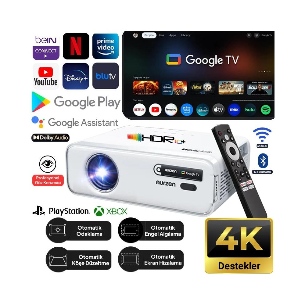 Uzaktan kumandalı beyaz projektör, 4K logosu ve yayın uygulaması simgeleri.