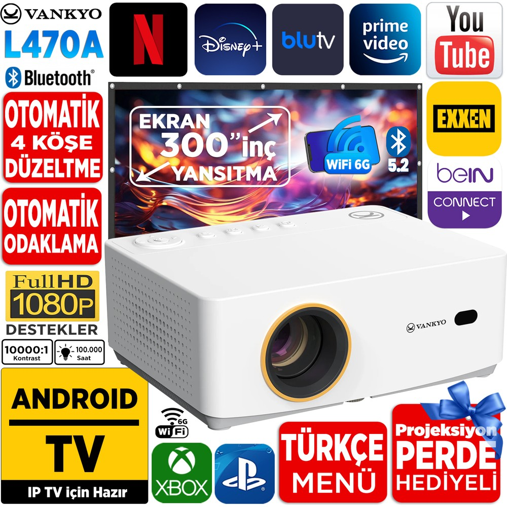 Vankyo L470A projektör ve üzerinde çeşitli yayın servislerinin logoları.