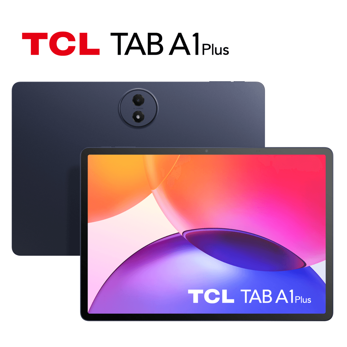 Una tablet azul TCL TAB A1 Plus mostrada de frente y de espaldas con fondo colorido.