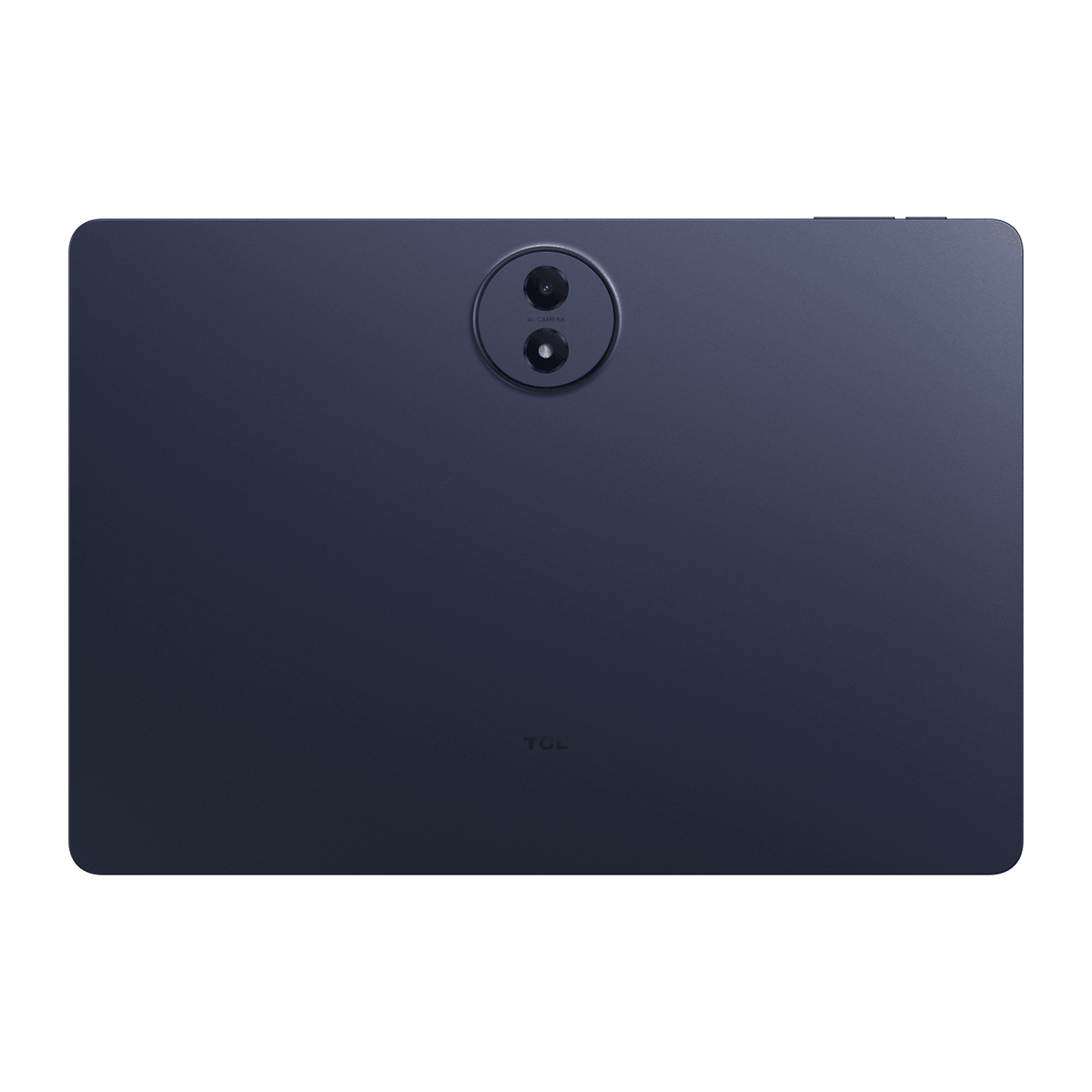 Parte trasera de una tablet azul oscuro con isla de cámara redonda y logo TCL.