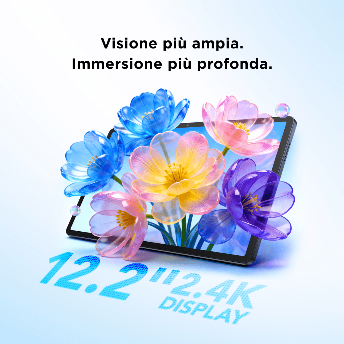 Una tablet muestra tulipanes coloridos con pantalla 4K de 12,2 pulgadas.