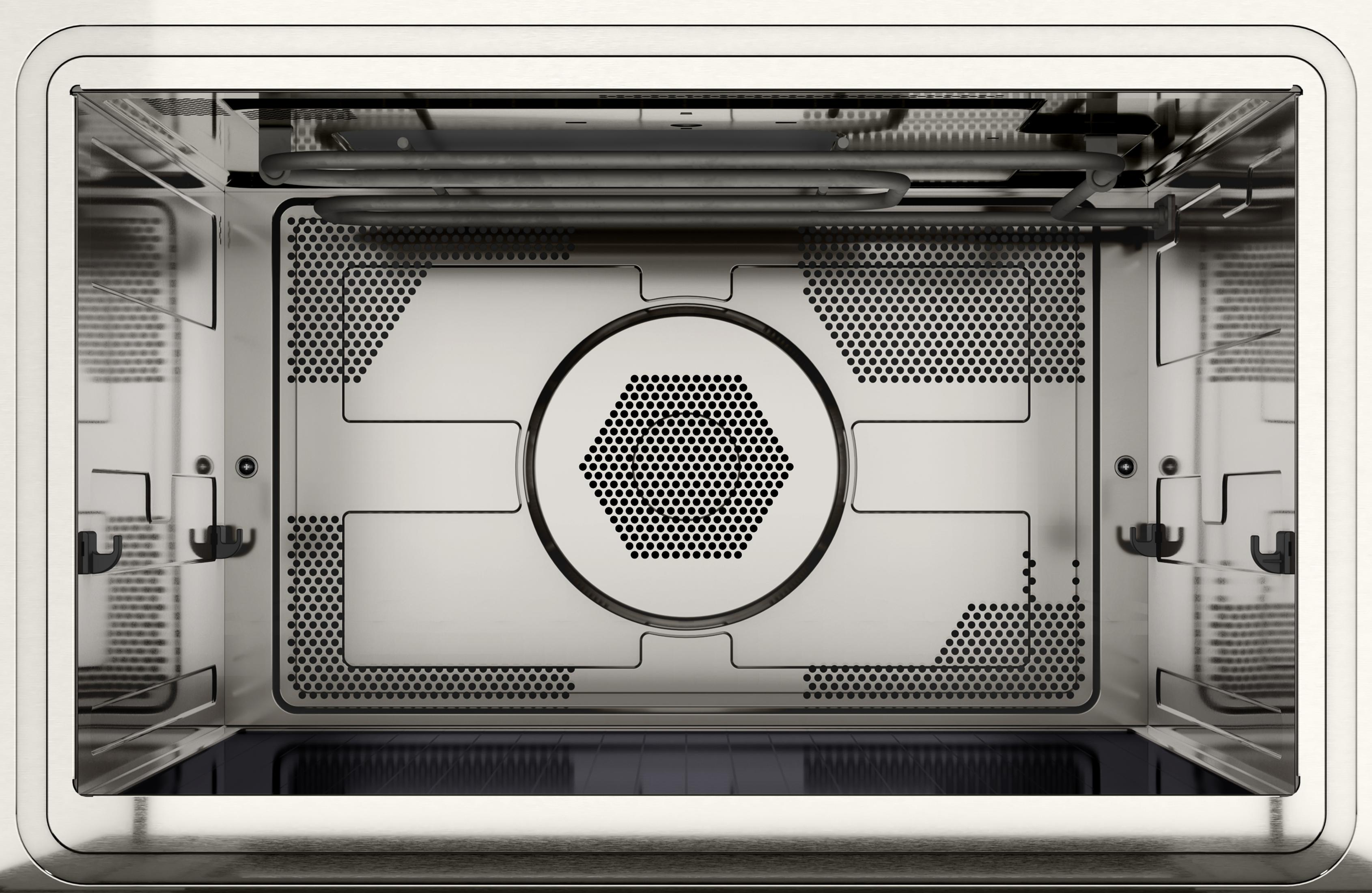 Interieur van een zilveren oven met verwarmingselementen en ventilatierooster.