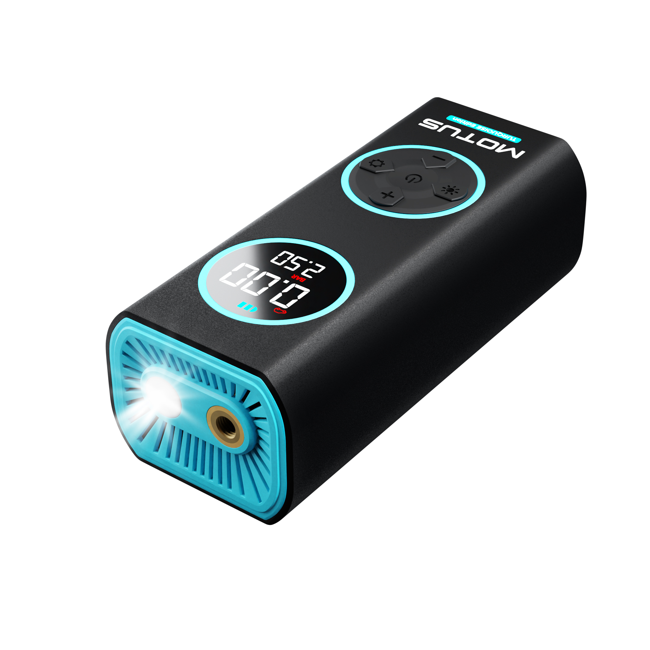 Un compressore d'aria portatile nero con accenti blu e display digitale.