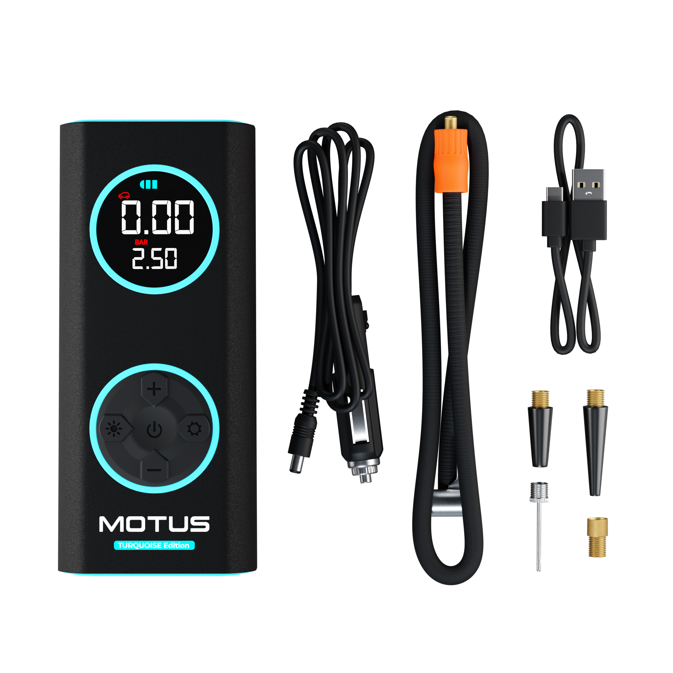 Compressore d'aria portatile nero con tubo, cavo USB e ugelli su sfondo bianco.