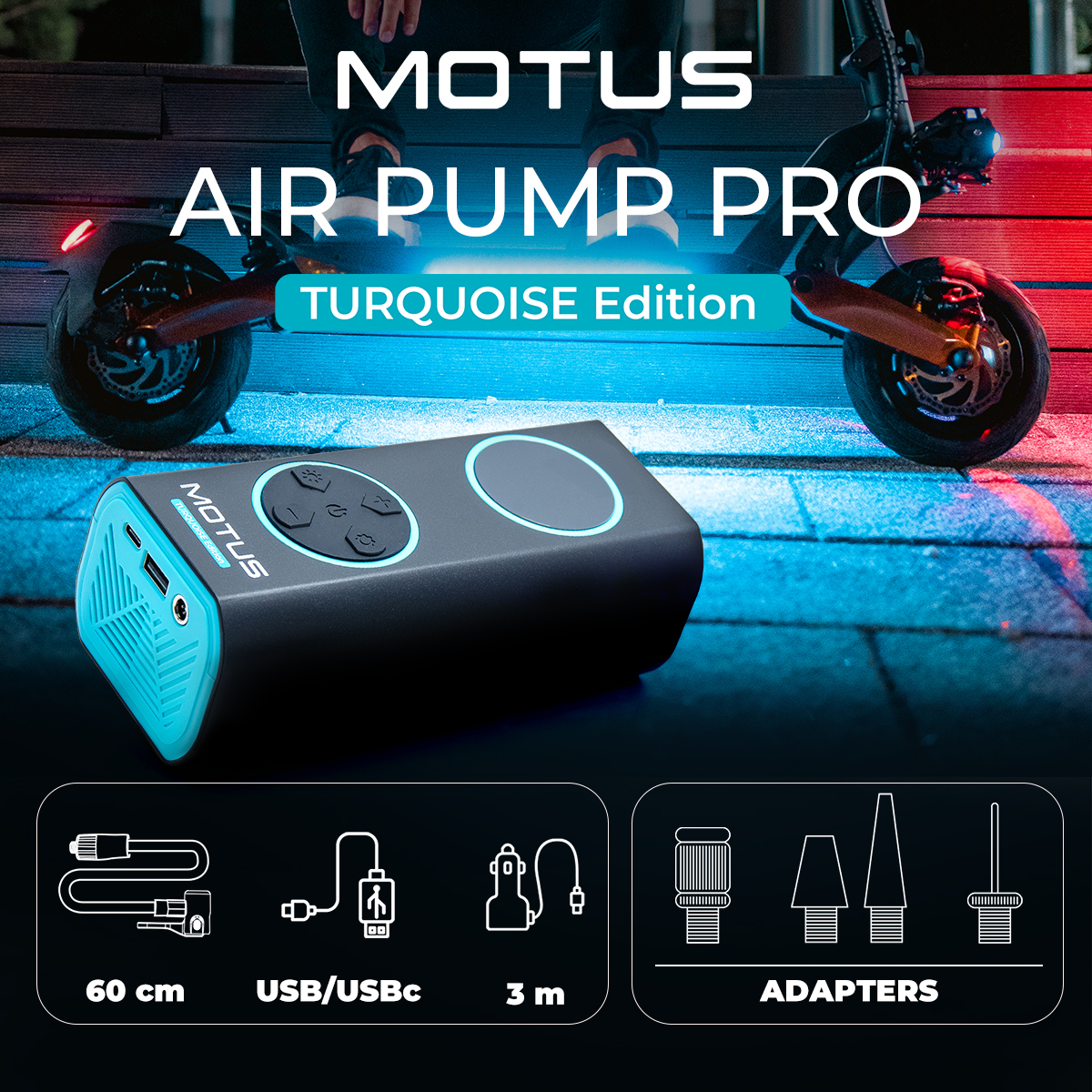 Motus Air Pump Pro Edizione Turchese con adattatori, cavo USB/USBC e cavi da 60cm/3m.