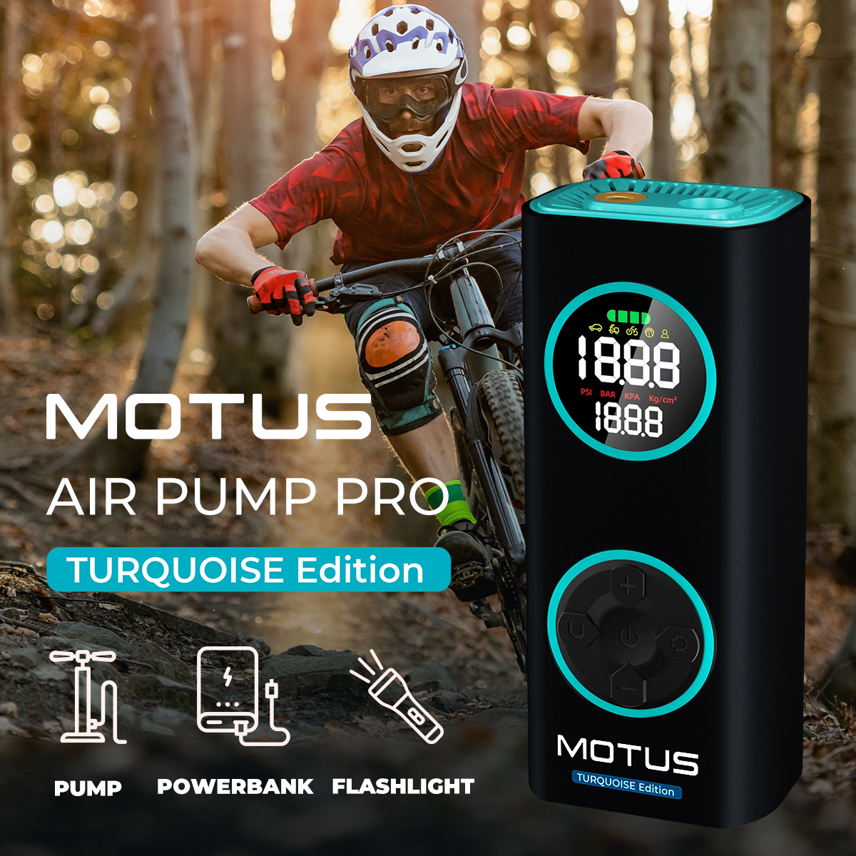 Ciclista di montagna con Motus Air Pump Pro turchese. Funzioni: Pompa, powerbank, torcia.