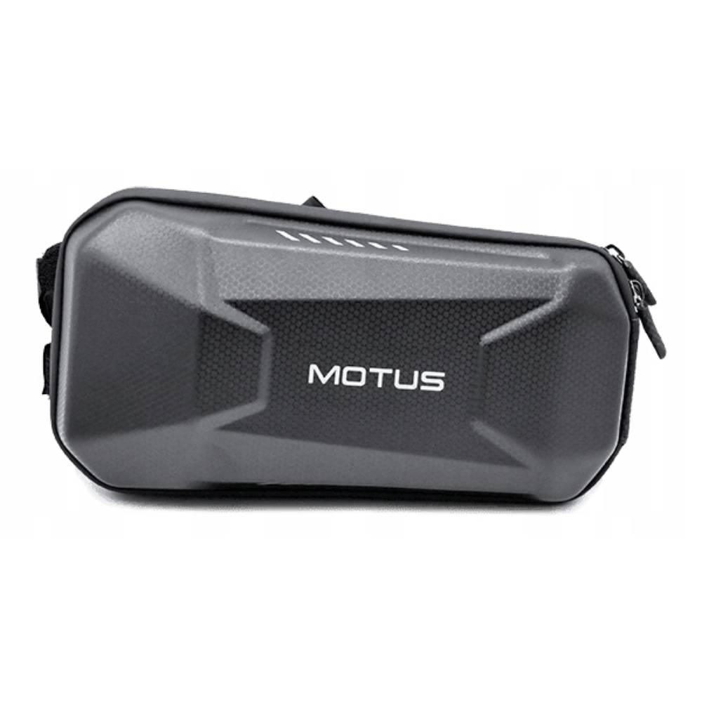 Borsa da bicicletta nera con logo MOTUS e strisce riflettenti.