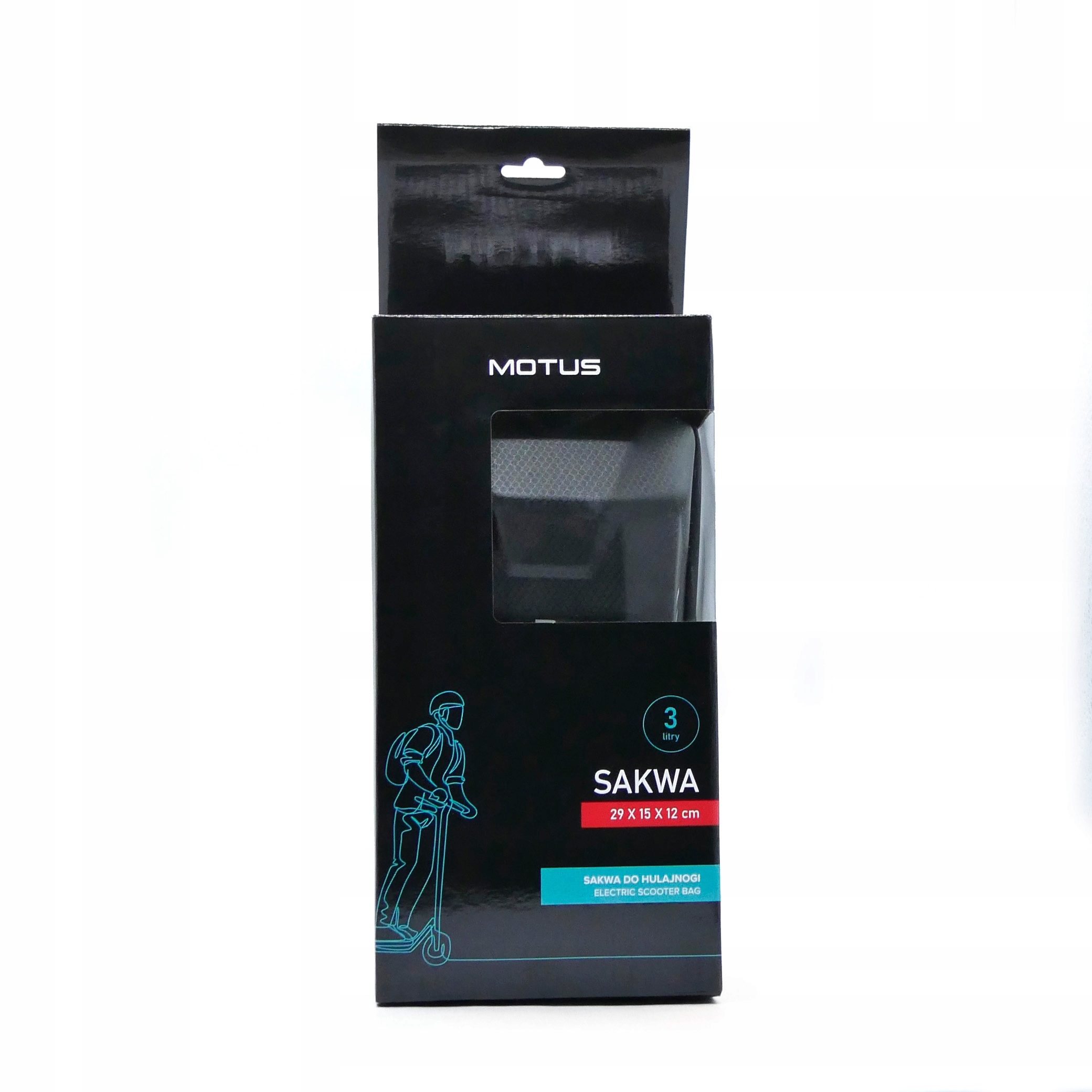 Borsa per monopattino elettrico Motus, 3 litri, 29x15x12cm, confezione nera con grafica blu.