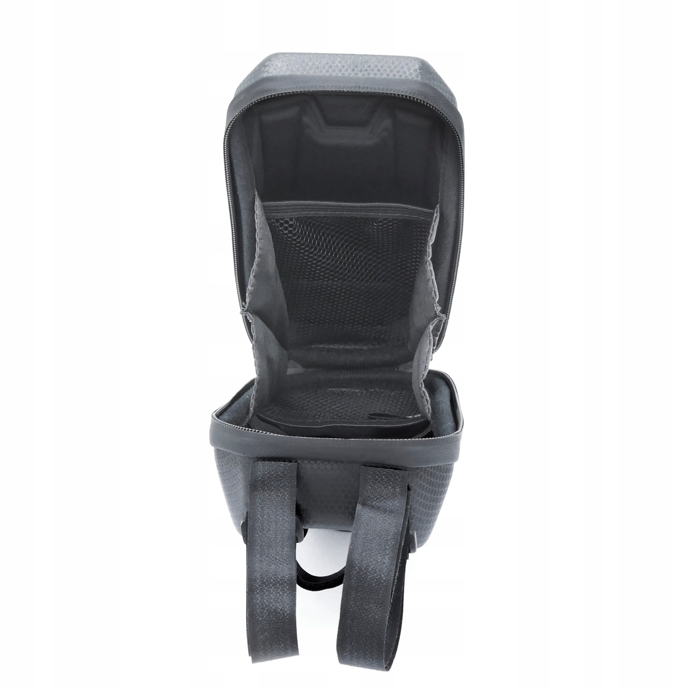 Borsa da bici nera con scomparto aperto e inserto in rete, sfondo bianco.