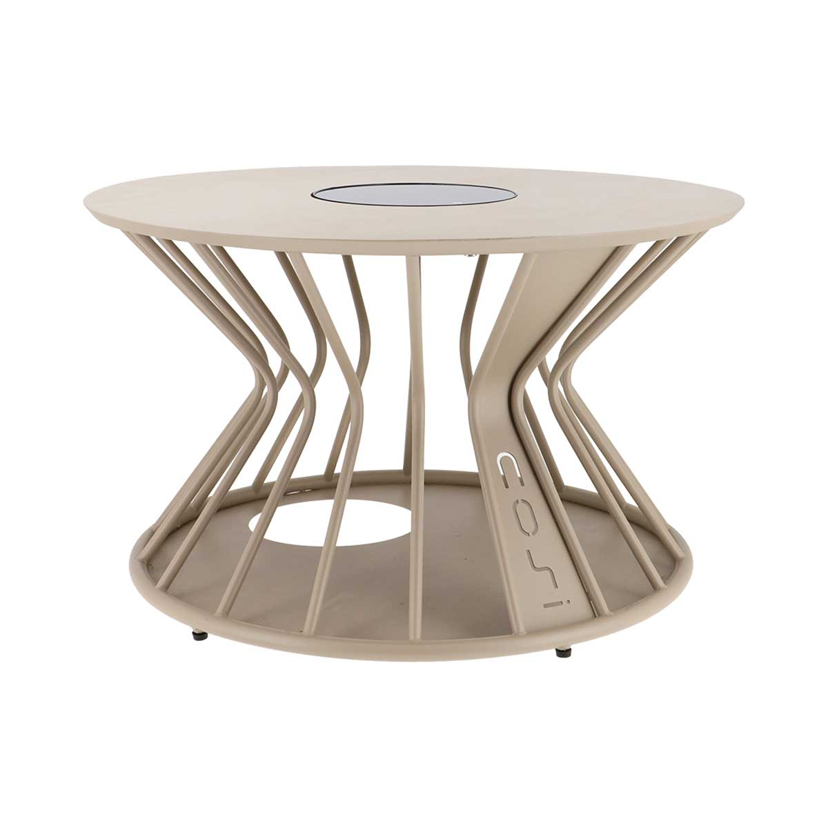 Une table ronde beige avec un piètement en fil de fer et un plateau miroir.