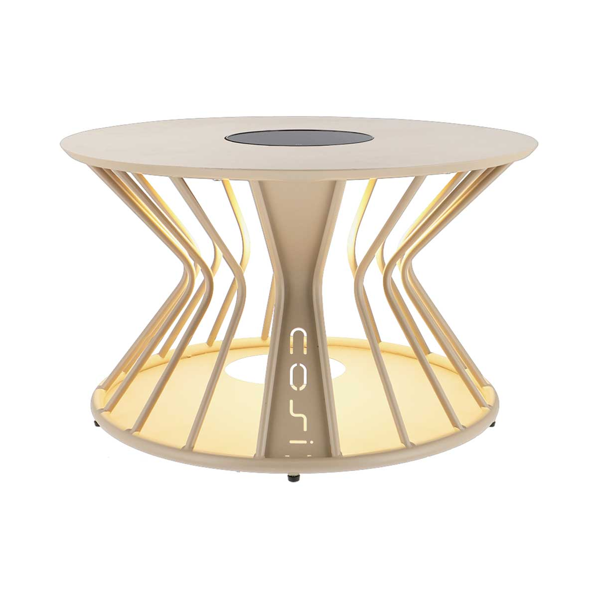 Une table beige aux pieds courbés et au plateau rond. Un cercle noir sur la surface supérieure.