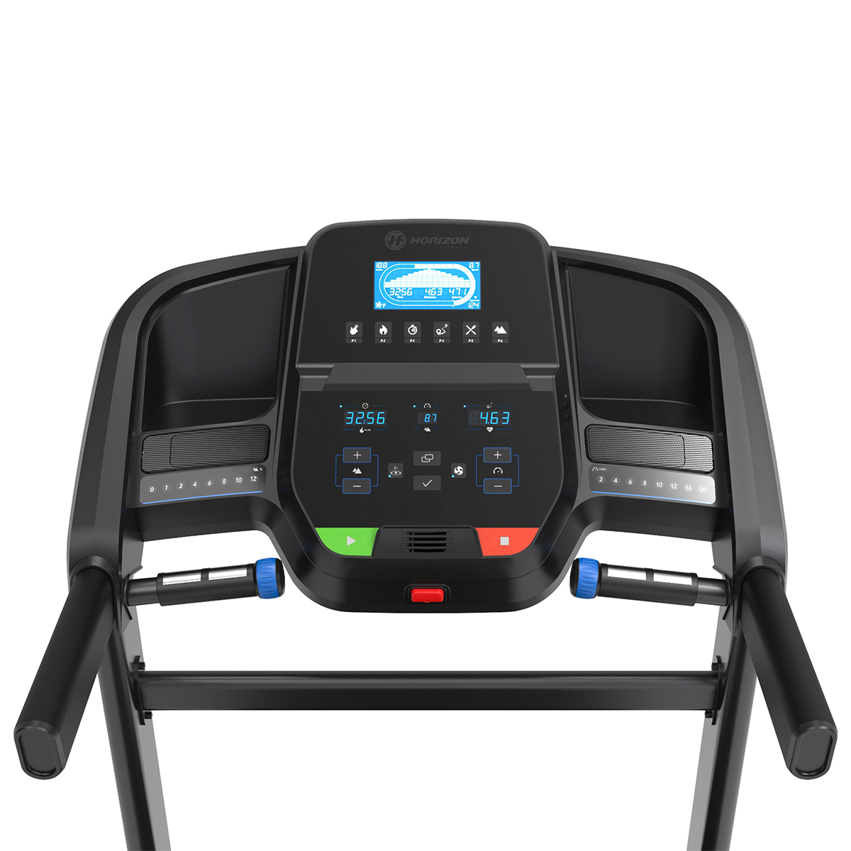 La consola de una cinta de correr negra con pantallas digitales, botones y asas.