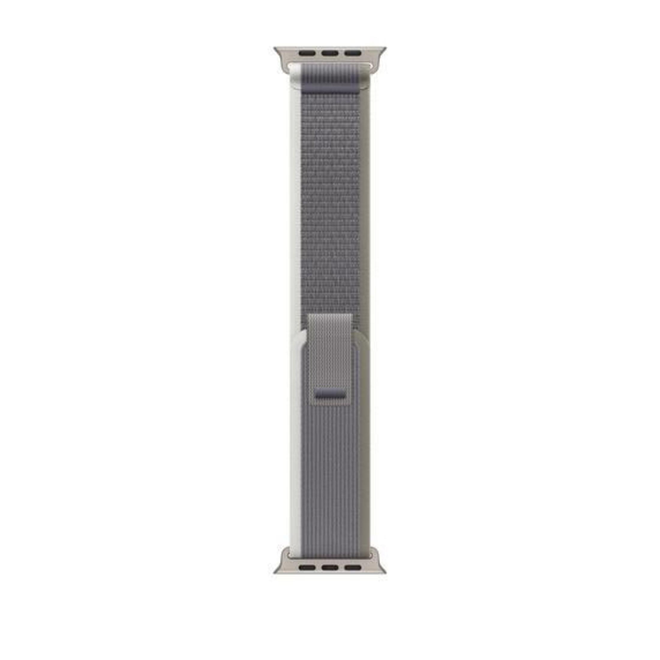 Gray and white watch band with silver connectors for a smartwatch.