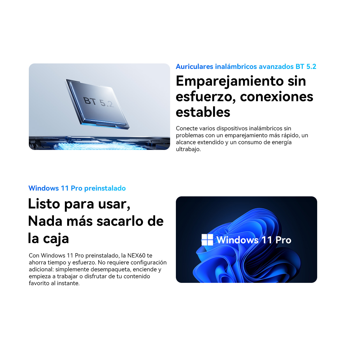 Auriculares inalámbricos con BT 5.2 y Windows 11 Pro.