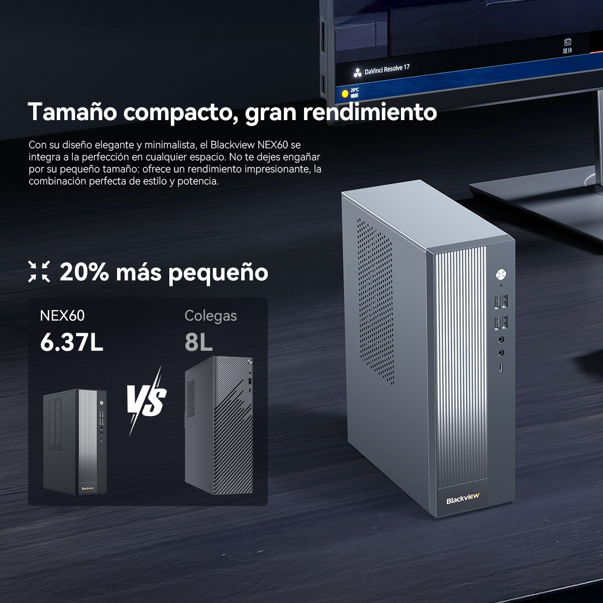 Una torre de ordenador gris se sienta en una mesa de madera oscura. A su lado hay dos imágenes más pequeñas de ordenadores.