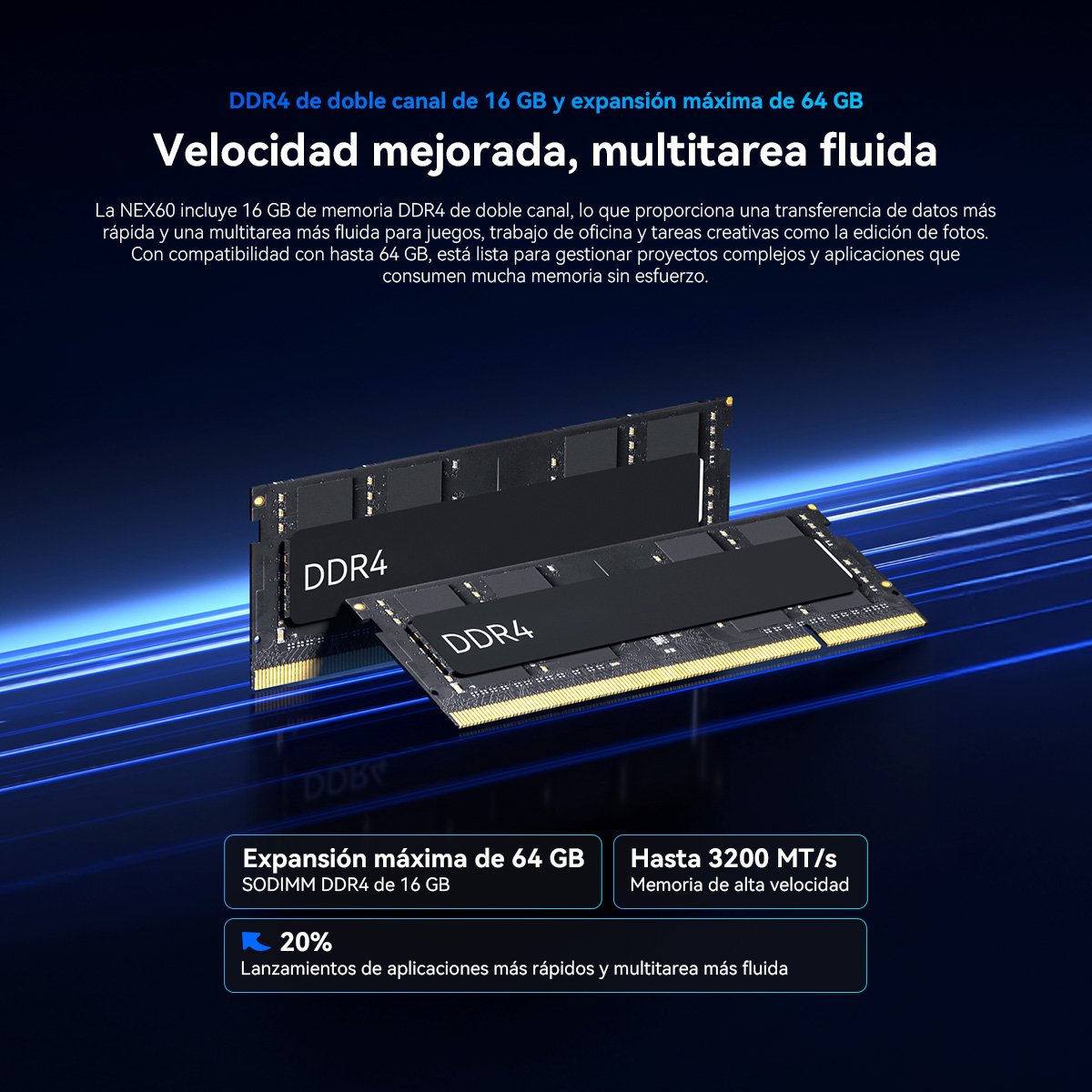 Dos módulos RAM DDR4 negros con pines dorados sobre fondo azul.