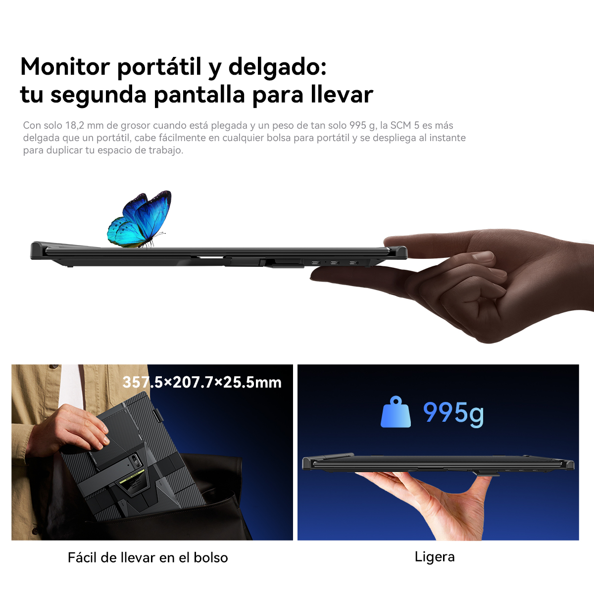 Monitor portátil delgado con mariposa azul y peso de 995g.
