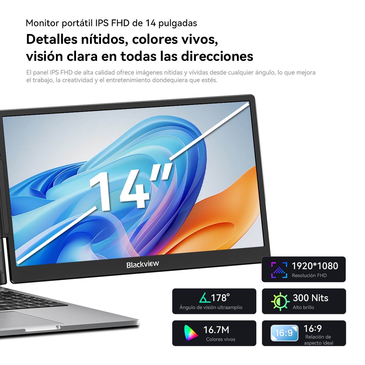 Monitor portátil IPS FHD de 14 pulgadas con colores vivos y ángulos amplios.