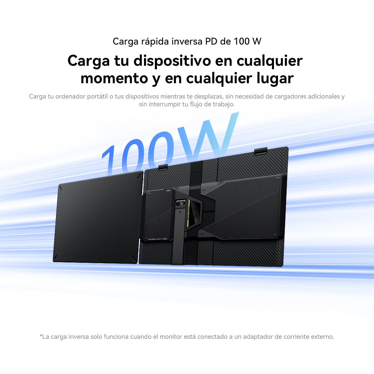 Dos monitores negros con patrón de carbono y gráfico "100W".