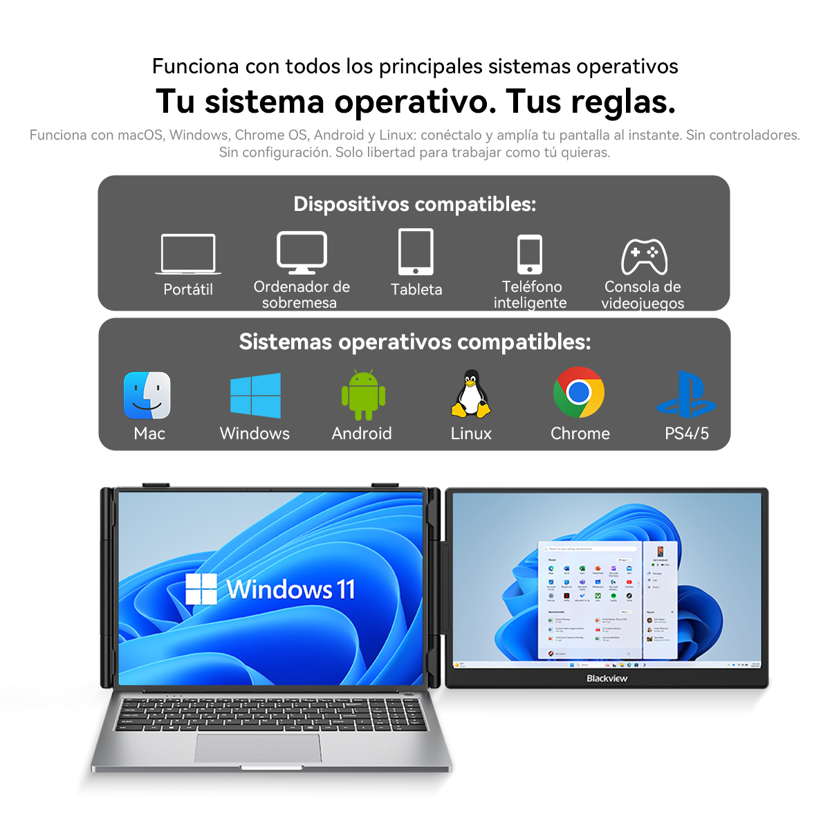 Un portátil con dos monitores externos mostrando Windows 11. Compatible con varios dispositivos.