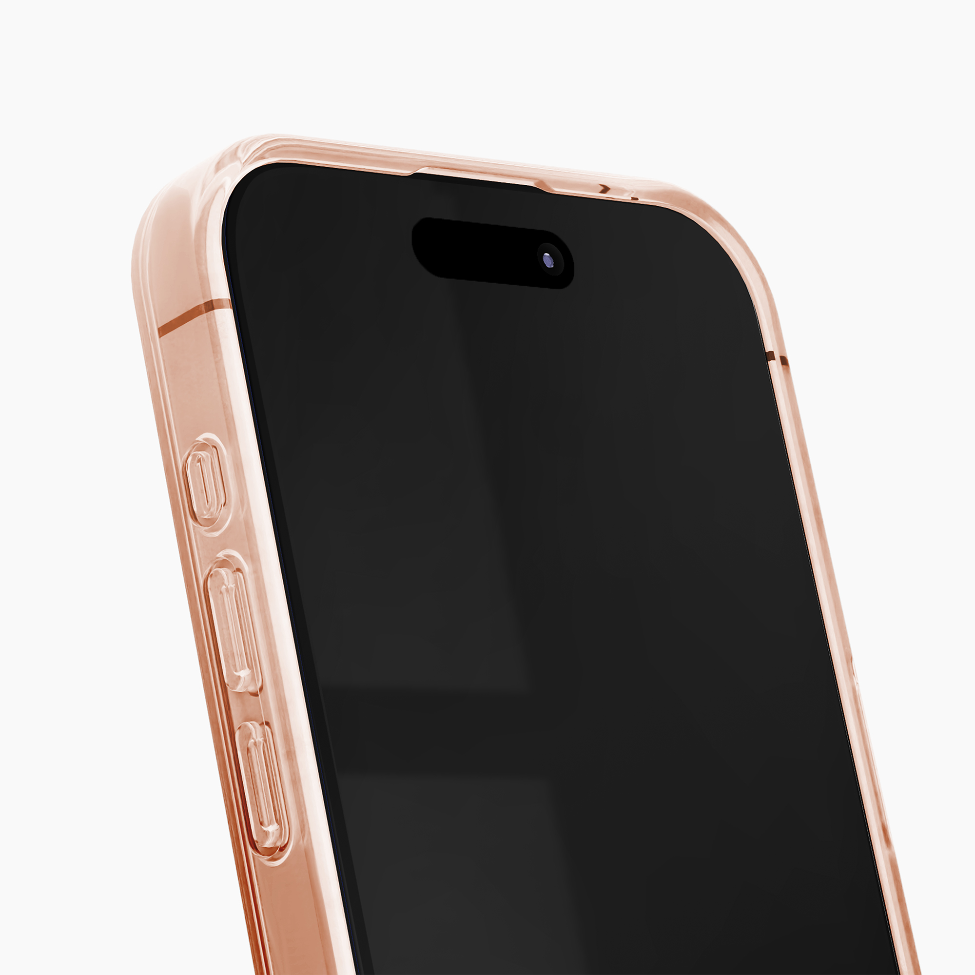Nahaufnahme eines roségoldenen Handygehäuses mit schwarzen Bildschirmdetails.