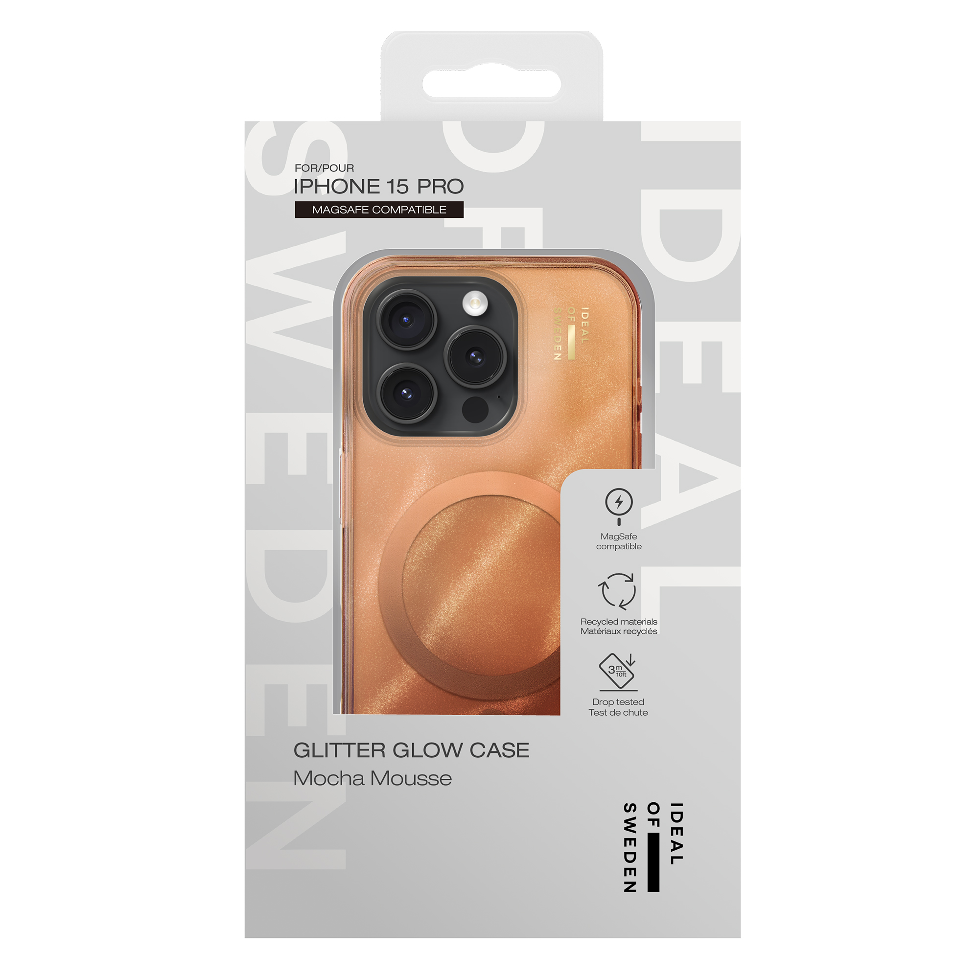 Verpackung für eine iPhone 15 Pro Glitter Glow Hülle in Mocha Mousse.