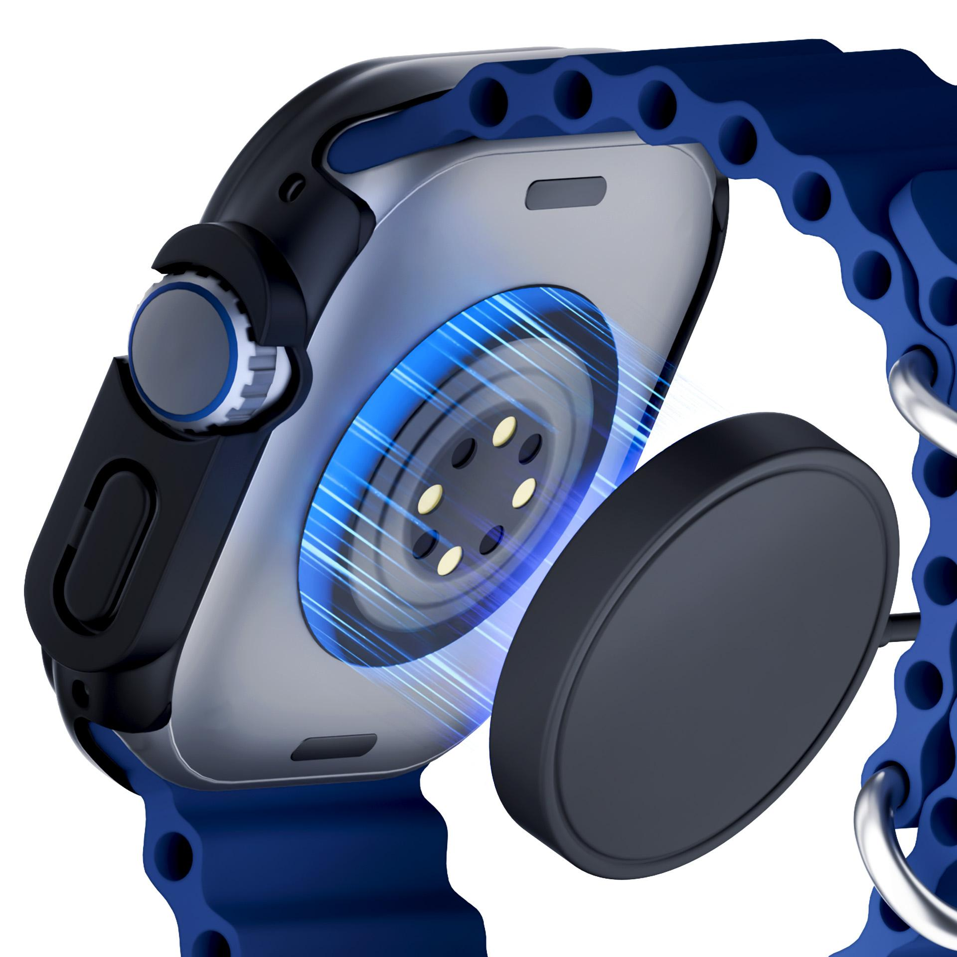 Zbliżenie na smartwatch z niebieską bransoletą i ładowarką.