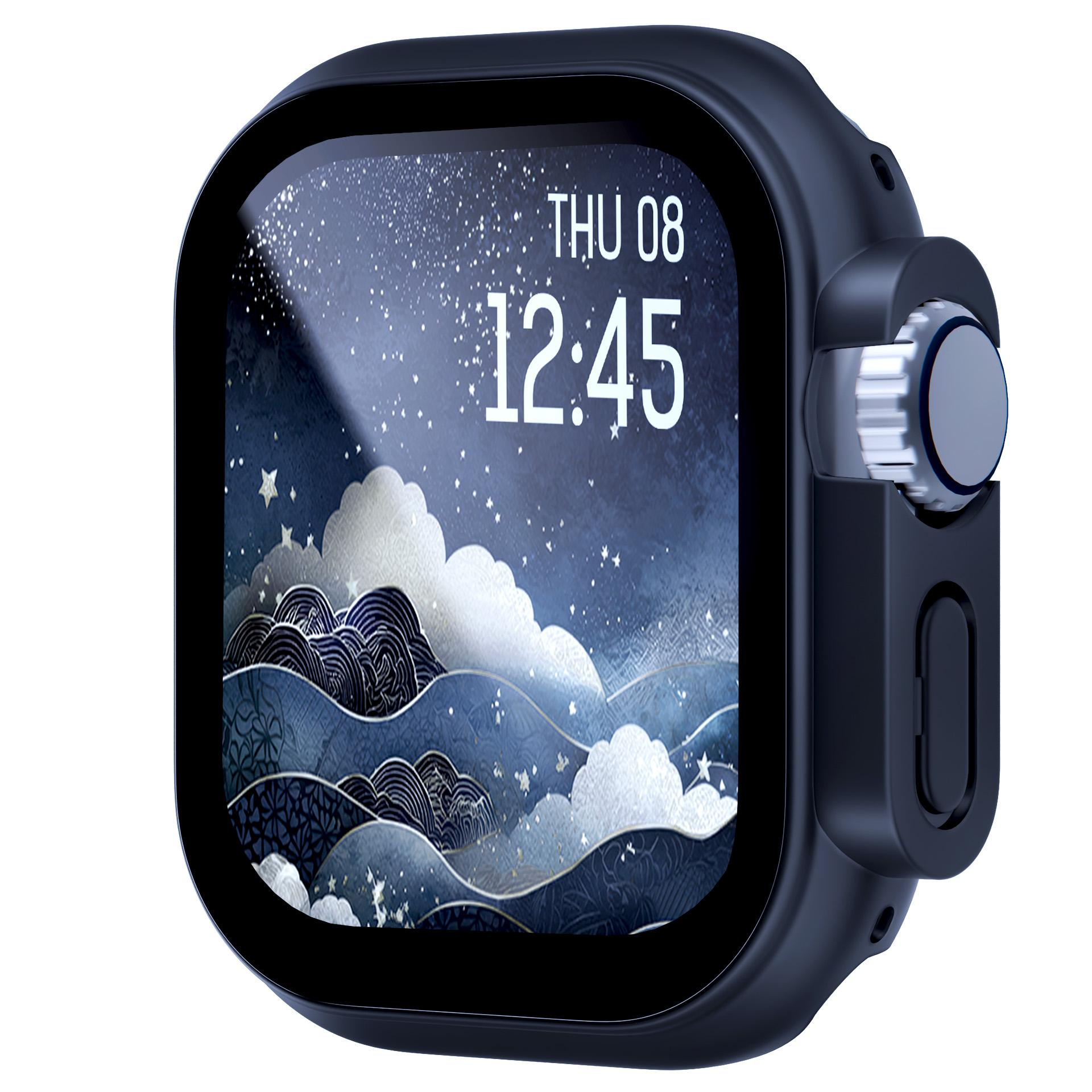 Granatowy smartwatch z wyświetlaczem gwiaździstego nieba i datą/godziną.